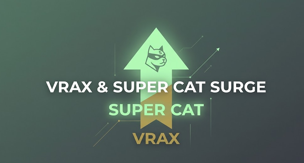 A minimalist infographic on a dark green background, featuring a single, split upward-pointing arrow. The top is glowing green with a stylized superhero cat icon, the bottom is gold. Text reads 'VRAX & SUPER CAT SURGE', 'SUPER CAT', and 'VRAX'.