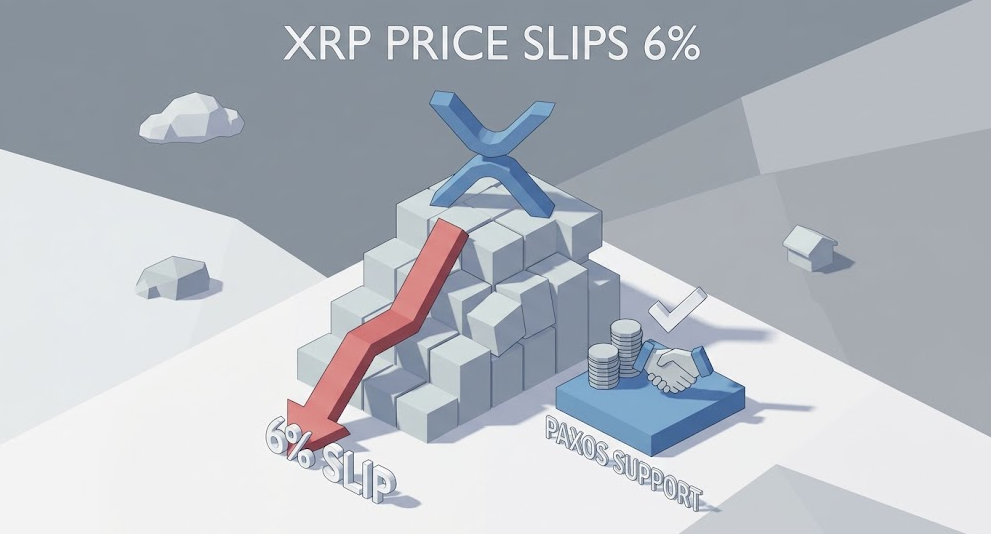 A 3D isometric illustration of a blue Ripple (XRP) logo falling down a slope, leaving a red arrow and a cloud of debris that reads "6% SLIP". In the background, there's a smaller, stable platform with a handshake and stacks of coins, labeled "PAXOS SUPPORT". The top of the image has the text "XRP PRICE SLIPS 6%".