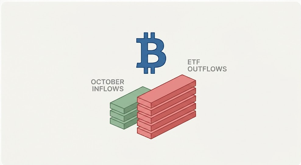 A minimalist infographic on a light background showing a central blue Bitcoin logo above a small stack of green bars labeled "OCTOBER INFLOWS" and a larger stack of red bars labeled "ETF OUTFLOWS," illustrating how the outflows covered and erased the inflows.