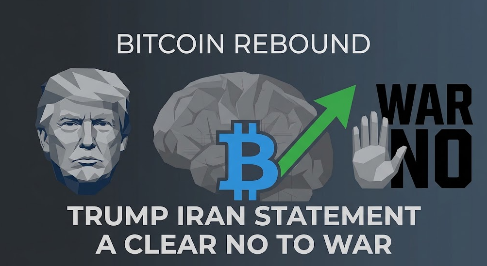 A minimalist low-poly illustration on a dark background showing a geometric portrait of Donald Trump, a brain with a blue Bitcoin logo and a green upward arrow, and a 'stop' hand with the text 'WAR NO'. White text at the top reads 'BITCOIN REBOUND' and at the bottom 'TRUMP IRAN STATEMENT A CLEAR NO TO WAR'.