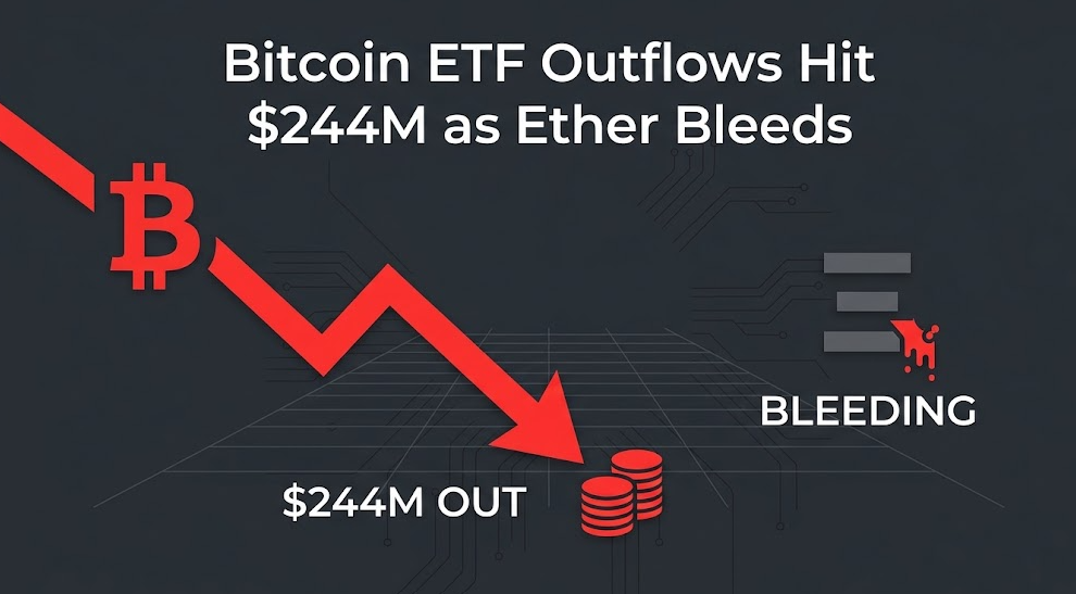 A minimalist 2D vector infographic on a charcoal gray background showing a red Bitcoin symbol (B) with a sharp, downwards-pointing red arrow indicating outflows. Text beneath says "$244M OUT". To the right, a stylized bleeding red Ether (Ξ) symbol with the text "BLEEDING". The background features simple circuit traces and geometric grid lines.