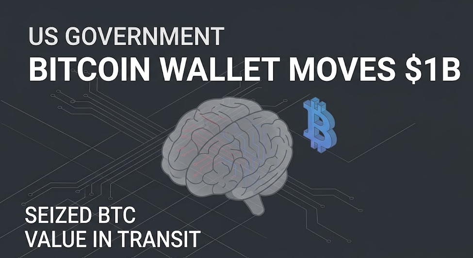 A minimalist 2D isometric infographic on a dark charcoal background. It features a translucent gray human brain (from ) with faint internal circuit lines and receding geometric grid lines spread outwards (borrowing the technical feel from and ). Floating nearby is a simplified, translucent, blue Bitcoin 'B' symbol. In the upper left area, white text in a simple font reads "US GOVERNMENT". In the center, in a large, bold, white, sans-serif font, the title is: "BITCOIN WALLET MOVES $1B". In the bottom left, below the brain, is a block of white text in two lines: "SEIZED BTC" and below it "VALUE IN TRANSIT". The composition is extremely clean with minimal detail, ensuring maximum impact with very few elements.