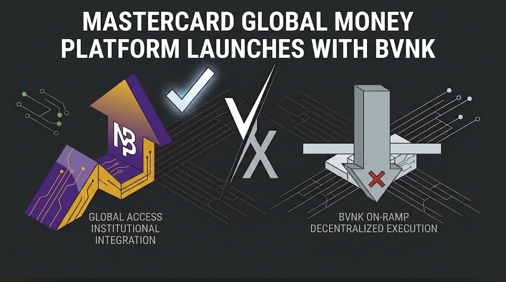 A minimalist 2D conceptual infographic with a deep charcoal background. Large white text at the top reads: "MASTERCARD GLOBAL MONEY PLATFORM LAUNCHES WITH BVNK". On the left, a thriving upward-pointing arrow visualizes "GLOBAL ACCESS" and "INSTITUTIONAL INTEGRATION," complete with a purple upward arrowhead containing a bold white internal monogram and a secure golden bank structure, with a glowing checkmark floating near the apex. On the right, a grey downward geometric arrow visualizes the "BVNK ON-RAMP" and "DECENTRALIZED EXECUTION" through a grey vertical block structure with a bold downward arrowhead and a small red 'X'. In the center, minimal connection nodes with sparse circuit patterns physically link both structures to a modified 'V' clash graphic. Text below the left stream reads: "INSTITUTIONAL PARTNERSHIP". Text below the right stream reads: "DECENTRALIZED SYNERGY". Minimal grey grid lines spread outwards, maintaining extreme negative space. Text and graphics are simple, flat, and extremely clean. At the bottom, clean white text reads: "INTEGRATED FINTECH SOLUTIONS".