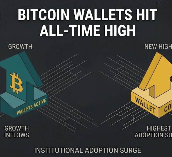 A minimalist featured image for a crypto blog, with a deep charcoal background. The text "BITCOIN WALLETS HIT ALL-TIME HIGH" is centered at the top. On the left, a vibrant upward teal arrow, labeled "WALLETS ACTIVE" and "GROWTH INFLOWS," visualizes increasing active addresses, complete with a powerful Bitcoin monogram. From this base, minimal connection nodes with sparse circuit lines physically link it to a robust, golden upward geometric arrow on the right, labeled "WALLET COUNT" and "HIGHEST ADOPTION SURGE," with a final label below reading "INSTITUTIONAL ADOPTION SURGE," visualizing massive new highs. The overall composition is a direct conceptual representation with minimal clutter, extreme negative space, and clean lines.