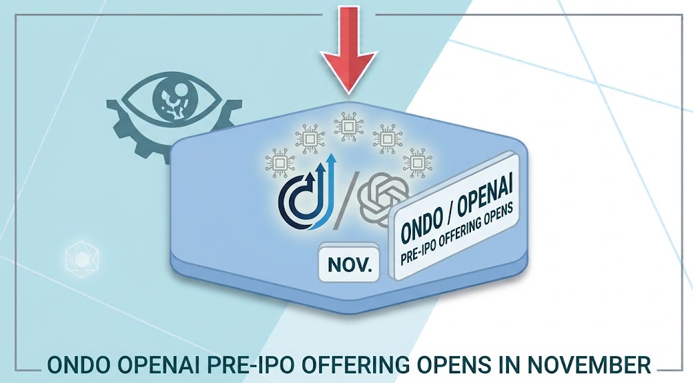 Minimalist 3D vector graphic featuring Ondo and OpenAI logos with a calendar badge marking November for the Pre-IPO offering
