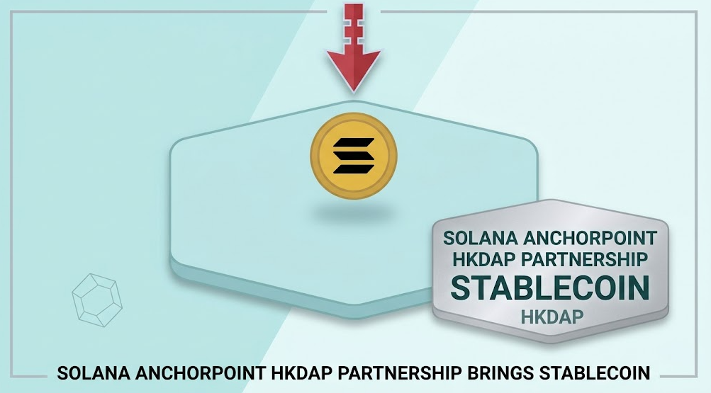 Minimalist 3D vector graphic featuring the Solana logo emblem alongside a grey metallic badge with Solana Anchorpoint HKDAP Partnership and Stablecoin text